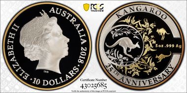 2018 $10 25th Ann. Kangaroo 5oz Ag Selective Gilt PR69DCAM