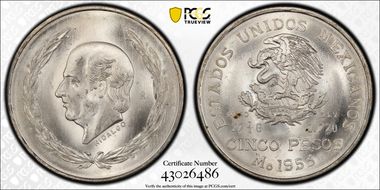 1953-Mo 5 Peso Hidalgo KM-467 Ag MS66