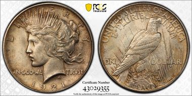 1921 $1 High Relief, Peace MS62