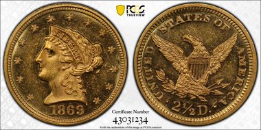1869 $2.50 MS63PL