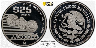1985-Mo 25 Peso World Cup KM-503 PR69DCAM