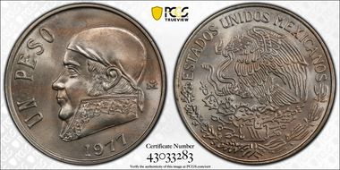 1977-Mo Peso KM-460 Thick date close to rim MS66