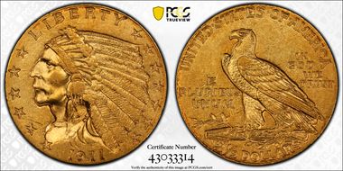 1911-D $2.50 Strong D AU58