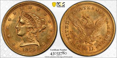 1859 $2.50 New Reverse AU58