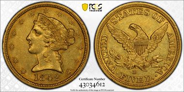 1842-D $5 Large Date AU58