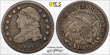 1821 10C JR-9, Small Date F12