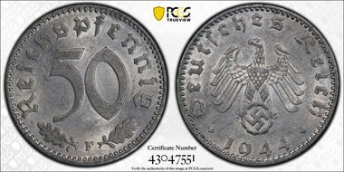 1944-F 50 Pfg J-372 AU58