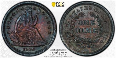 1838 10C No Drapery, Large Stars MS64+ 