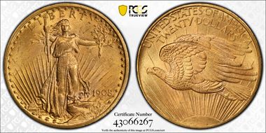 1908 $20 No Motto MS64