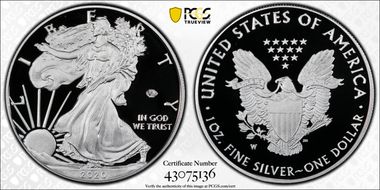 2020-W  $1 Silver Eagle - v75 Privy First Strike PR70DCAM