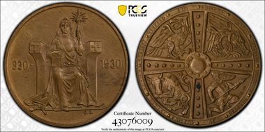 1930 2 Kr X-1 1000 Years Althing Brass Matte MS63