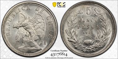 1927-So 5 Peso Narrow 5 MS64
