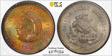 1948-Mo 5 Peso Cuauhtemoc KM-465  Ag MS63
