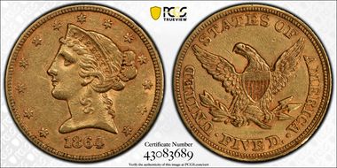 1864 $5 AU50