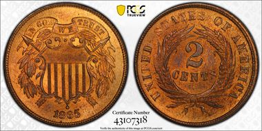 1865 2C Plain 5 MS66+ RB