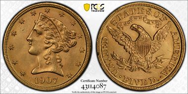 1907 $5 MS64
