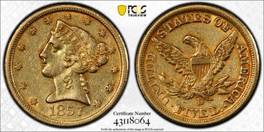 1857-D $5 AU55