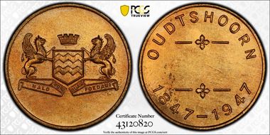 1947 Medal Laidlaw-0605 Bronze Oudtshoorn Centenary MS62