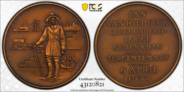 1952 Medal Laidlaw-0072c Matte Bronze Van Riebeeck Tercentenary SP64