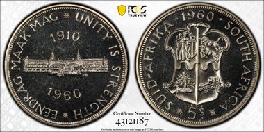 1960 5 Shil 50th Anniversary SA Union PR67+