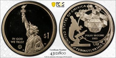2019-S $1 American Innovation PA Polio Vaccine 1953 PR67DCAM