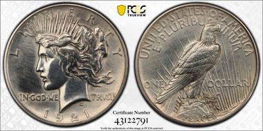 1921 $1 High Relief, Peace N1