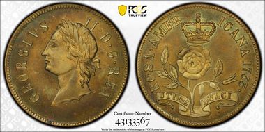 "1733" 2P Rosa Americana Robinson Copy, Brass MS65