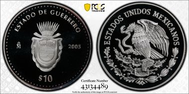2005-Mo 10 Peso Guerrero KM-710  Ag PR69DCAM
