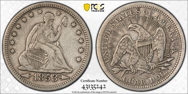 1853/4 25C Overdate, FS-301 Arrows & Rays F15