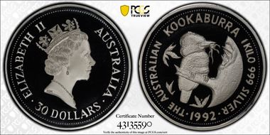 1992-P $30 Kookaburra 1Kg Ag PR69DCAM