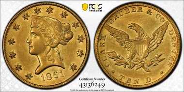 1861 $10 Clark, Gruber & Co. AU58