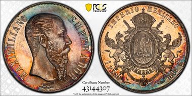 1866-Mo Peso Maximilian KM-388.1 MS64PL