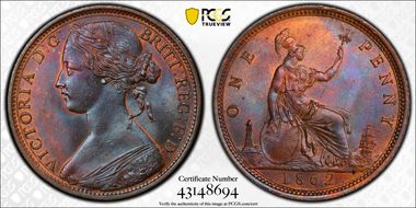 1862 1D S-3954 w/o L.C.WYON Obv MS65BN