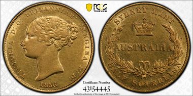 1856-SY 1/2 Sov Berry above L of HALF AU53