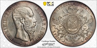 1866-Mo Peso Maximilian KM-388.1  Ag MS63