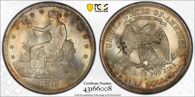 1875-S T$1 Type-I/I Chopmarked MS64