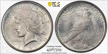 1921 $1 VAM 1F, Polishing Lines Peace MS65