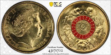 2015 $2 Lest We Forget Colorized Poppy Counterstamp MS66