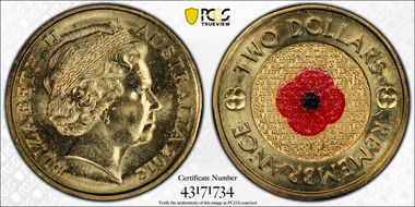 2018 $2 Remembrance Day Red Poppy 30th Ann. $2 Coin Colorized MS67