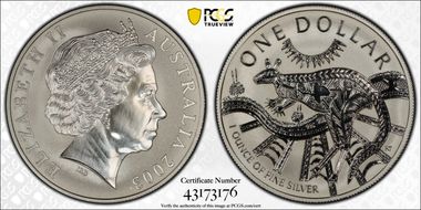 2003 $1 Kangaroo Ag-Aboriginal Design MS70