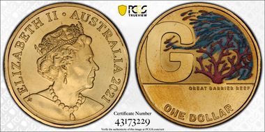 2021 $1 G- Great Barrier Reef Colorized Great Aussie Coin Hunt MS68