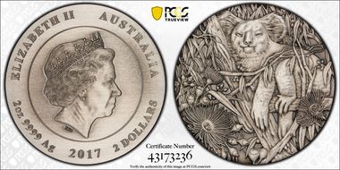 2017-P $2 Koala Antique Finish High Relief MS70