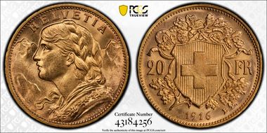 1916 B 20 Fr KM-35.1  Au MS65+