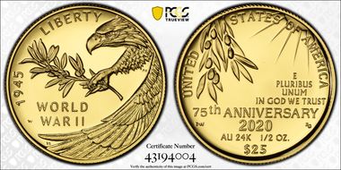 2020-W $25 End of World War II 75th Anniv.  First Strike PR69DCAM