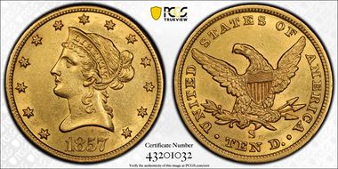 1857-S $10 AU58