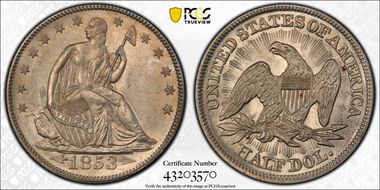1853 50C Arrows and Rays MS63