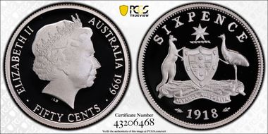 1999 50C 1918 6d Ag PR70DCAM