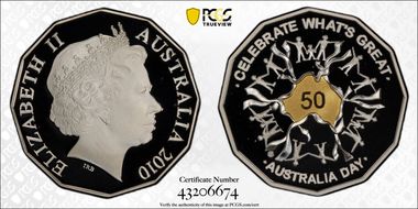2010 50C Australia Day Ag Selective Gilt PR69DCAM