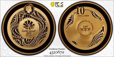 2018 $10 Commonwealth Games Gold Coast Gilt-Ag PR69DCAM