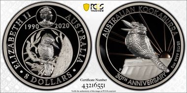 2020-P $8 Kookaburra 5oz Ag 30th Anniv. High Relief PR70DCAM